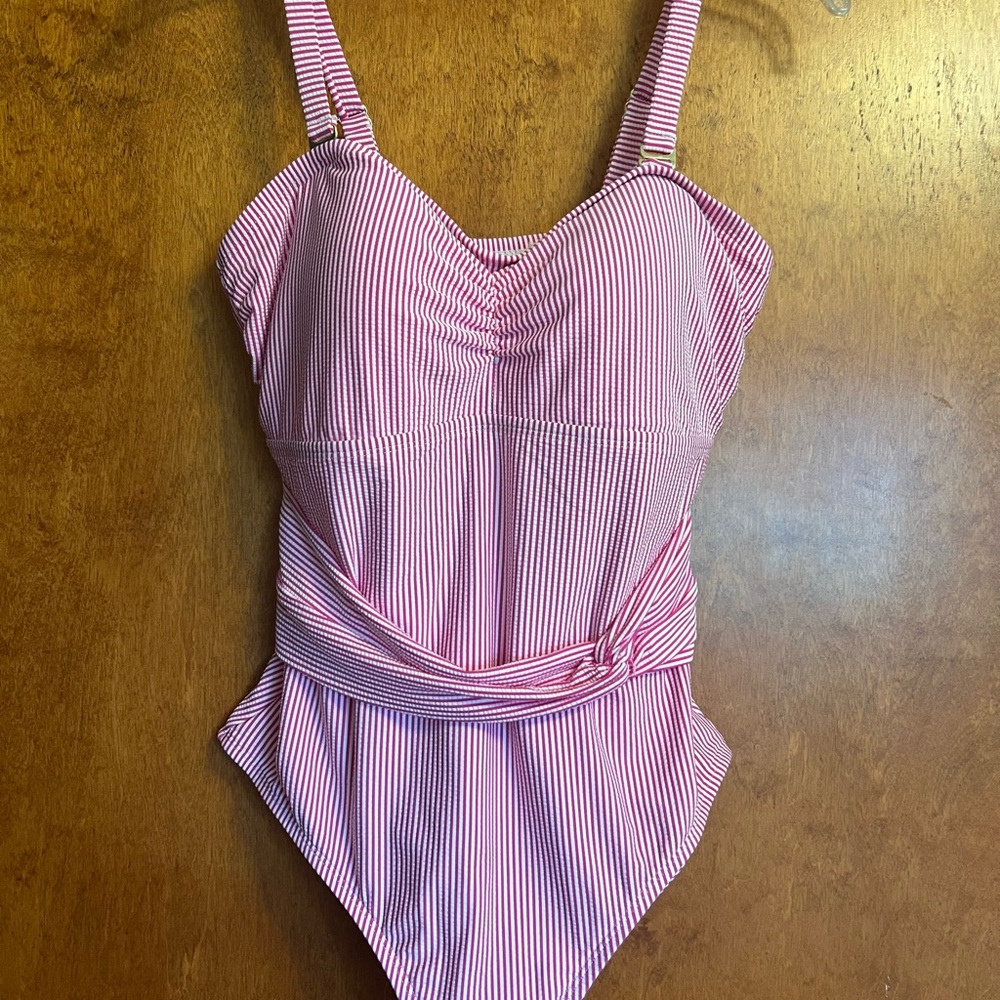 Women's Pink Stripe One-Piece Swimsuit with Waist Tie